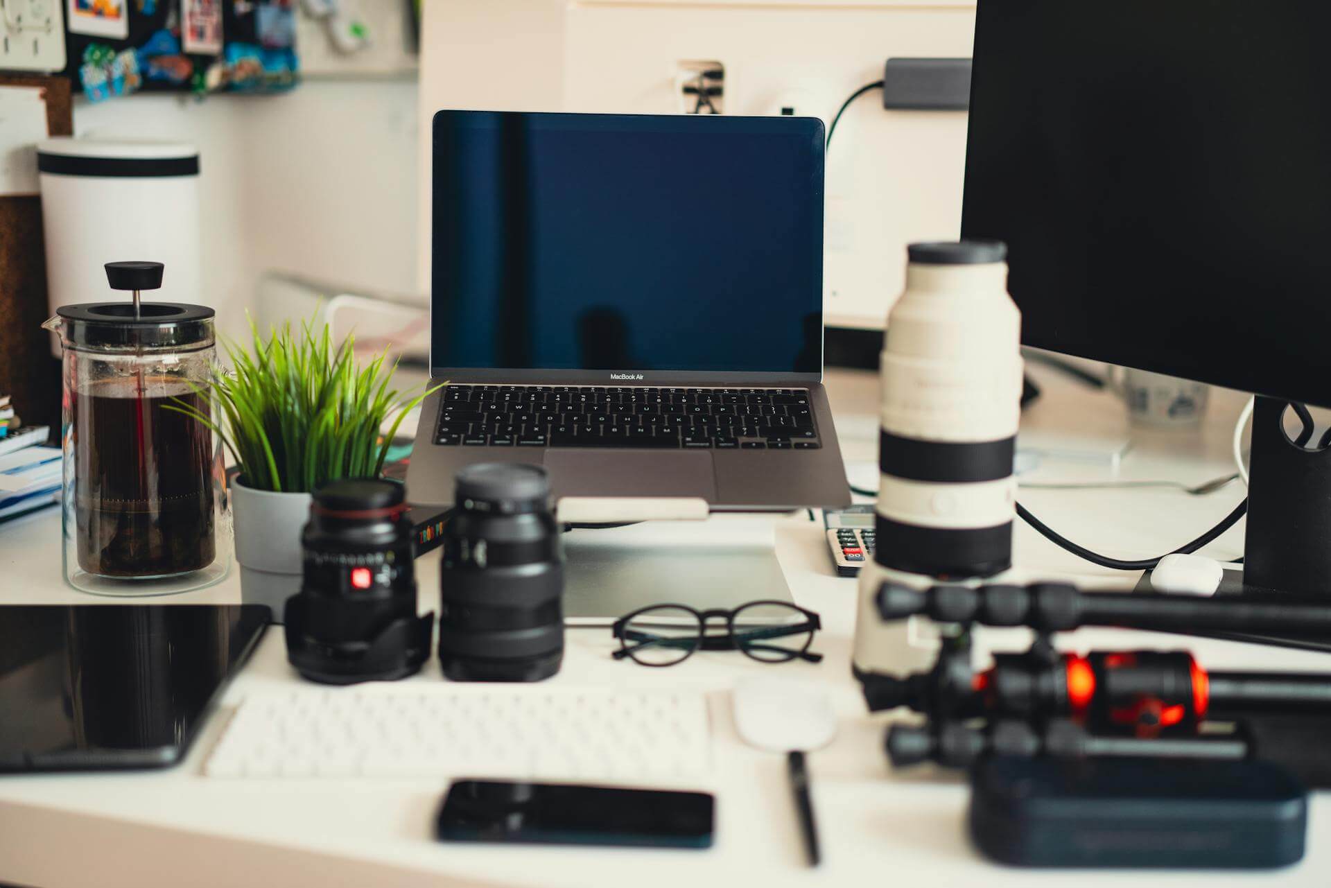Freelancer working alone at a laptop in a modern home office with plants and natural light