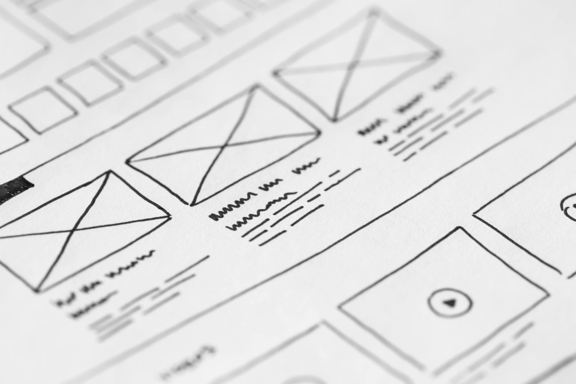 Web design mockups on a screen showing wireframes and final designs side by side